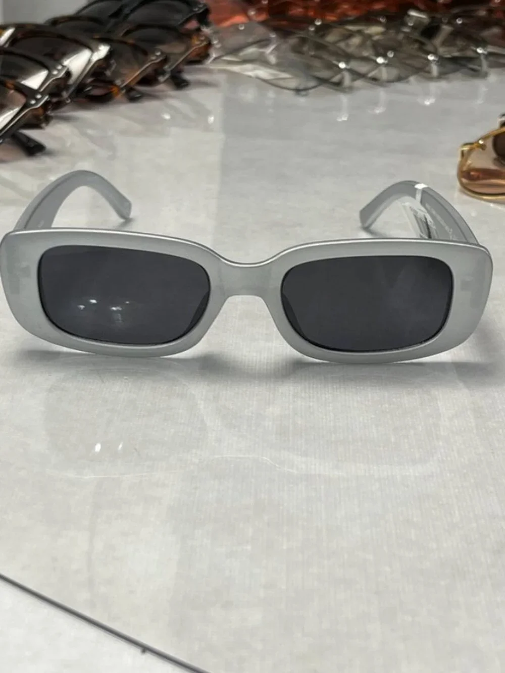 AIRE Ceres Rectangular Sunglasses Matte Silver Gray Frame Black Lenses NWT